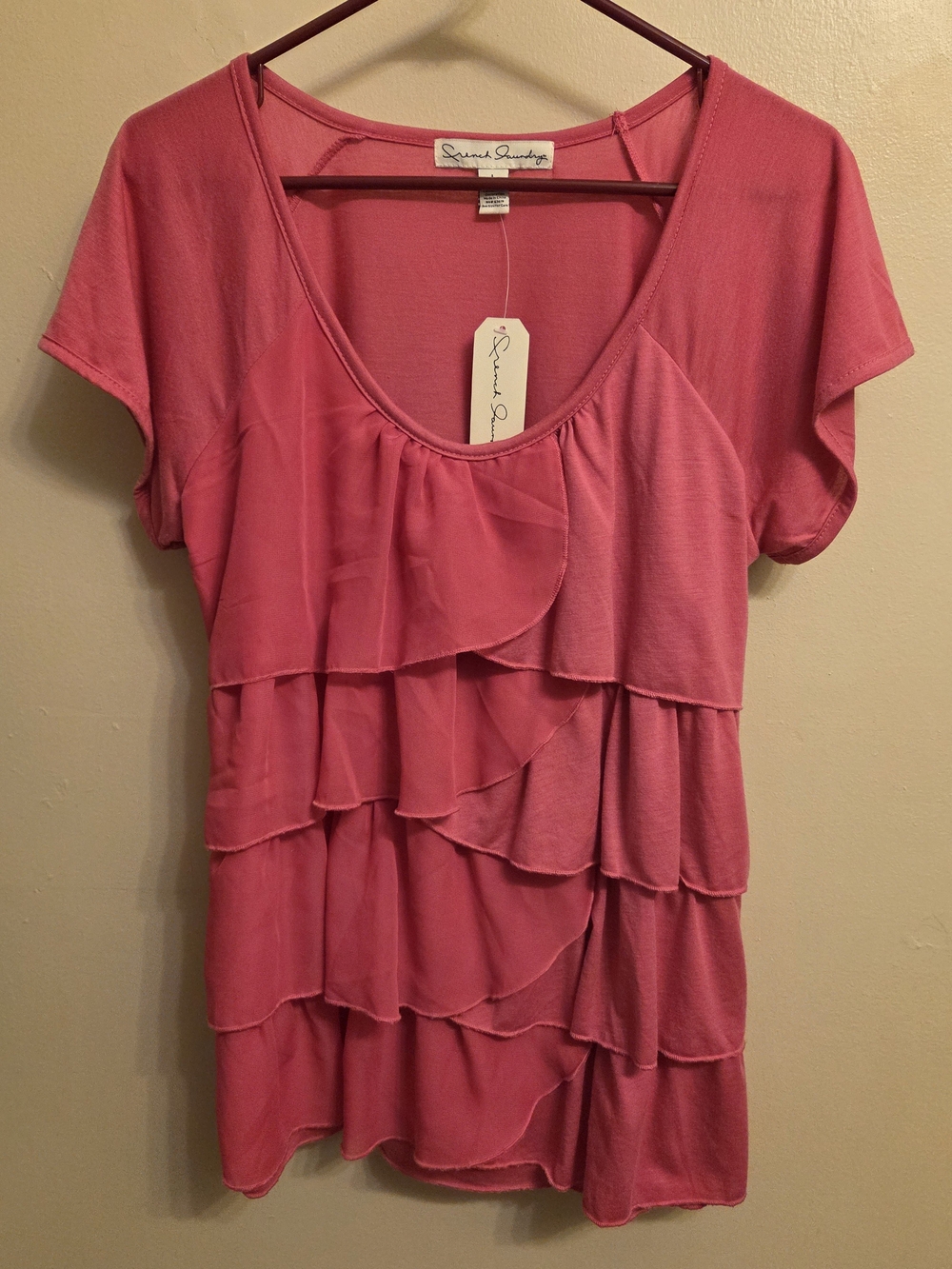 Hot Pink Layered Ruffle Scoop Neck Blouse Large Barbiecore Cute Casual Boho NWT